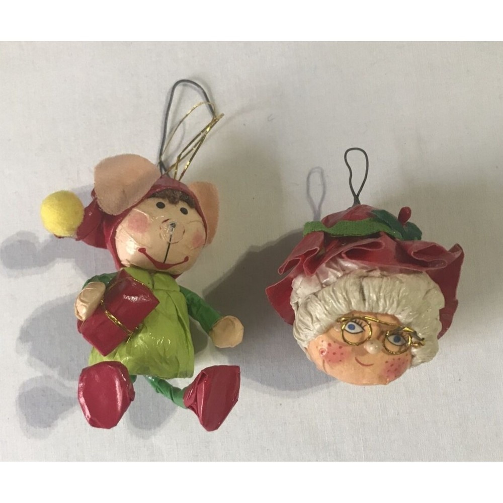 Vintage Painted Paper Mache Mrs Claus and Elf Christmas Ornaments
